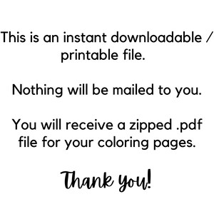 Puede incluir: Fondo blanco con texto negro. El texto dice: "Este es un archivo descargable / imprimible instant&aacute;neo. No se le enviar&aacute; nada por correo. Recibir&aacute; un archivo .pdf comprimido para sus p&aacute;ginas para colorear. &iexcl;Gracias!"