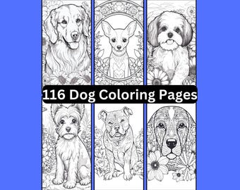 116 Dog Coloring Pages, Floral Backgrounds (Digital Download)