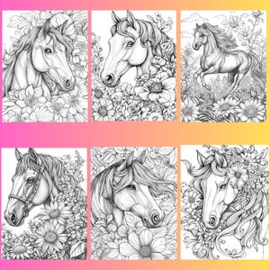 May include: Six black and white illustrations of horses surrounded by flowers. The horses are drawn in a realistic style with detailed features. The flowers are drawn in a more stylized way, with intricate details.
