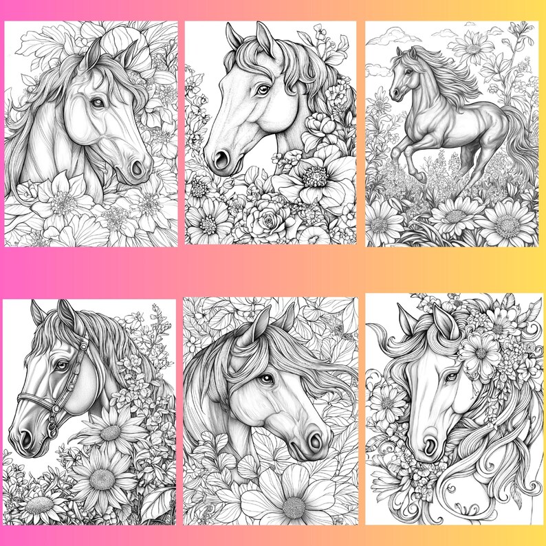 May include: Six black and white illustrations of horses surrounded by flowers. The horses are drawn in a realistic style with detailed features. The flowers are drawn in a more stylized way, with intricate details.