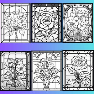 May include: Six black and white stained glass window designs featuring different floral arrangements. Each design is framed in a black border and features a different floral pattern.