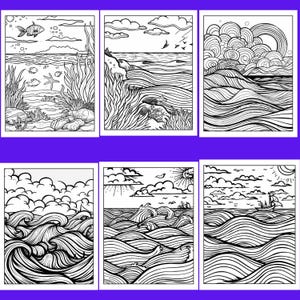 Puede incluir: Seis p&aacute;ginas para colorear con tem&aacute;tica oce&aacute;nica en blanco y negro. Cada p&aacute;gina presenta un dibujo lineal detallado de escenas oce&aacute;nicas, incluyendo olas, vida marina, nubes y un arco&iacute;ris. Las ilustraciones son adecuadas para colorear.