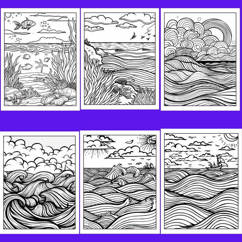 Puede incluir: Seis p&aacute;ginas para colorear con tem&aacute;tica oce&aacute;nica en blanco y negro. Cada p&aacute;gina presenta un dibujo lineal detallado de escenas oce&aacute;nicas, incluyendo olas, vida marina, nubes y un arco&iacute;ris. Las ilustraciones son adecuadas para colorear.