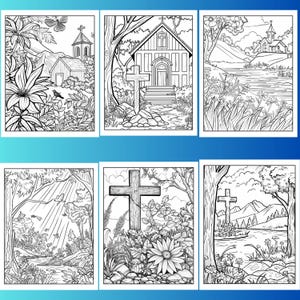 May include: Six black and white coloring pages featuring religious scenes. Each page depicts a cross, a church, and a landscape with trees, flowers, and a river.
