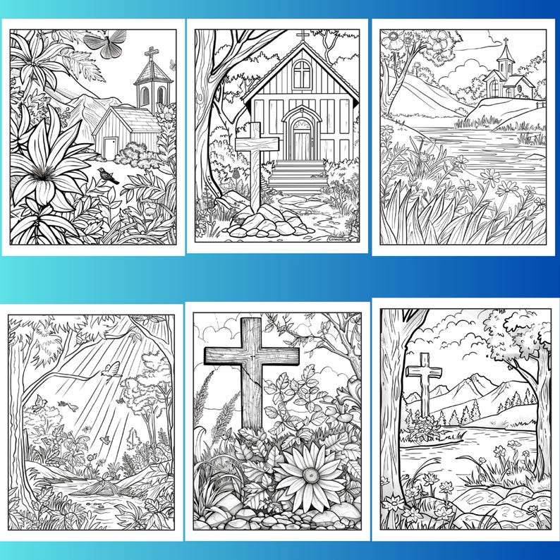 May include: Six black and white coloring pages featuring religious scenes. Each page depicts a cross, a church, and a landscape with trees, flowers, and a river.