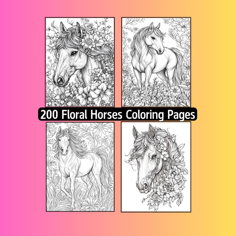 200 Floral Horses Coloring Pages, Printable (Digital Download) image 1