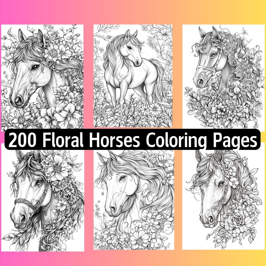 200 Floral Horses Coloring Pages, Printable, Instant Download, Digital ...