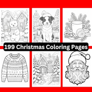 199 Christmas Coloring Pages Book, Printable, Instant Download, Stress Relief, Digital, Kids Adult, Winter, Santa, Candle, Tree, Gift, Dog