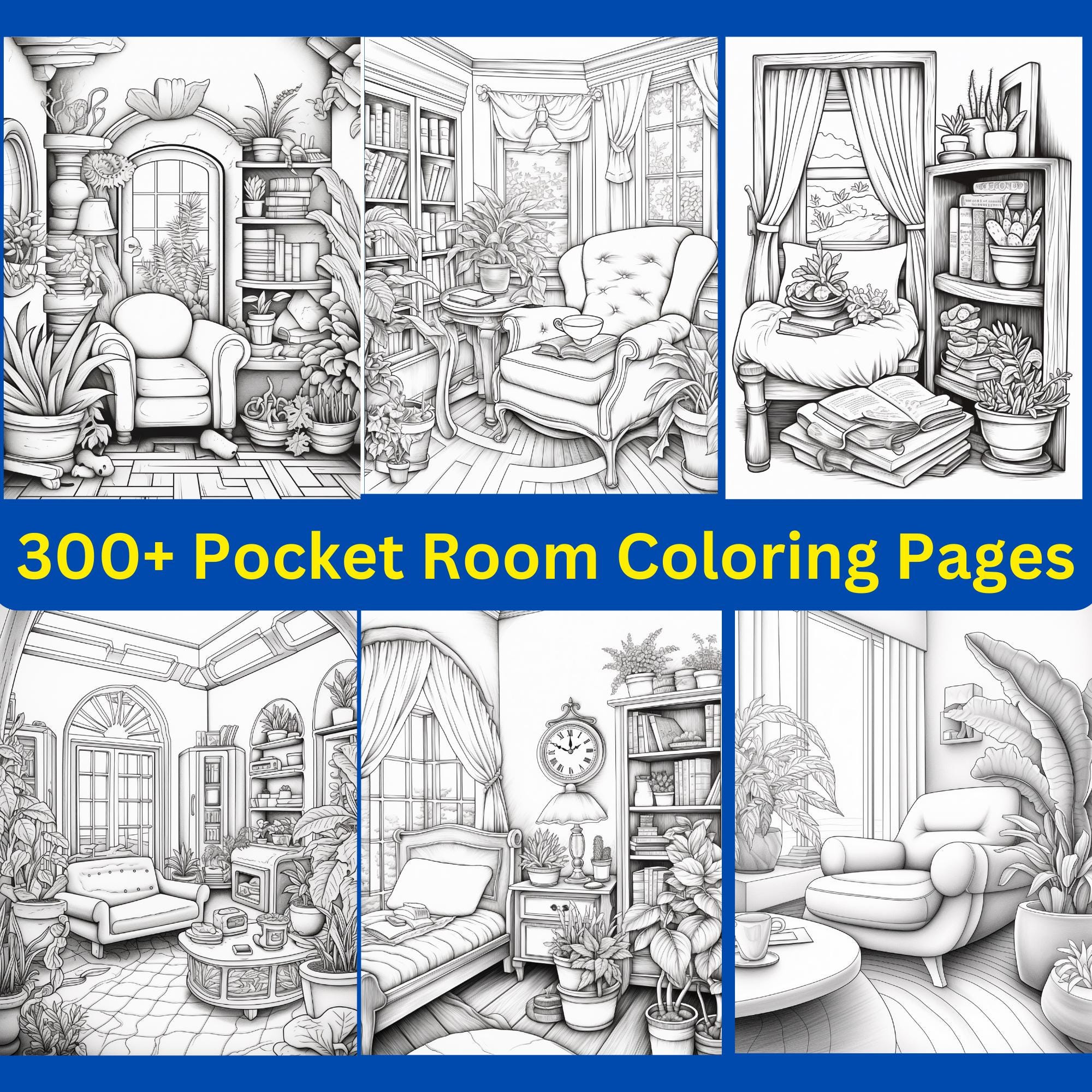 300+ Pocket Room Coloring Pages Printable Bundle | Cozy Interiors, Architecture, PNG, iPad/Procreate Digital Download