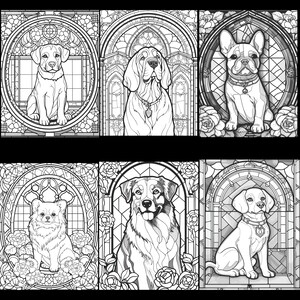 May include: Six black and white illustrations of dogs in stained glass frames. Each frame has a floral design around the outside. The dogs are a Labrador Retriever, a Bloodhound, a French Bulldog, a Chihuahua, a Golden Retriever, and a Beagle.