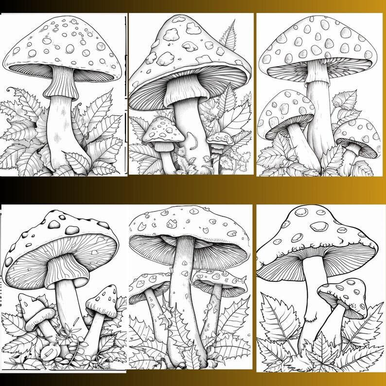May include: A black and white line drawing of six mushrooms with spots. The mushrooms are drawn in a realistic style with detailed features. The mushrooms are surrounded by leaves.