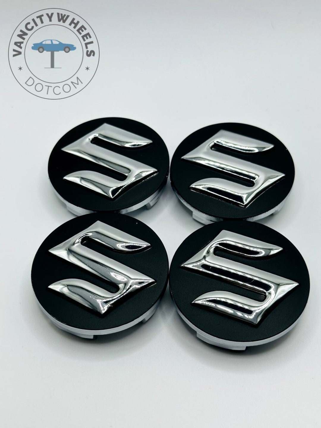 Set of 4 Black/chrome Suzuki Alloy Wheel Center Caps 54mm, Black/chrome