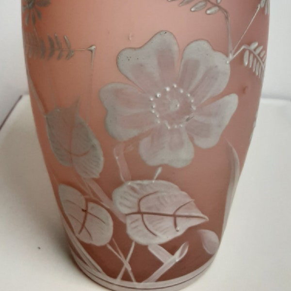 Florentine Art Cameo Vase, Cranberry Pink Satin Glass, White Enamel, 7"