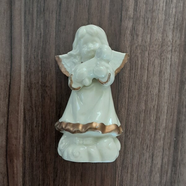 Glazed Porcelain White w/ Gold-Color Trim Angel Holding Lamb Figurine 4"