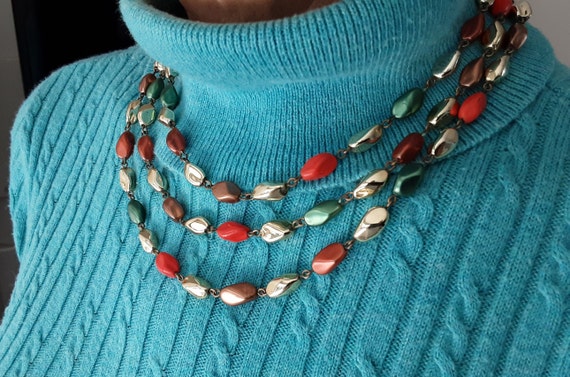 Vintage Triple Strand Multi-Color Metallic Bead A… - image 4