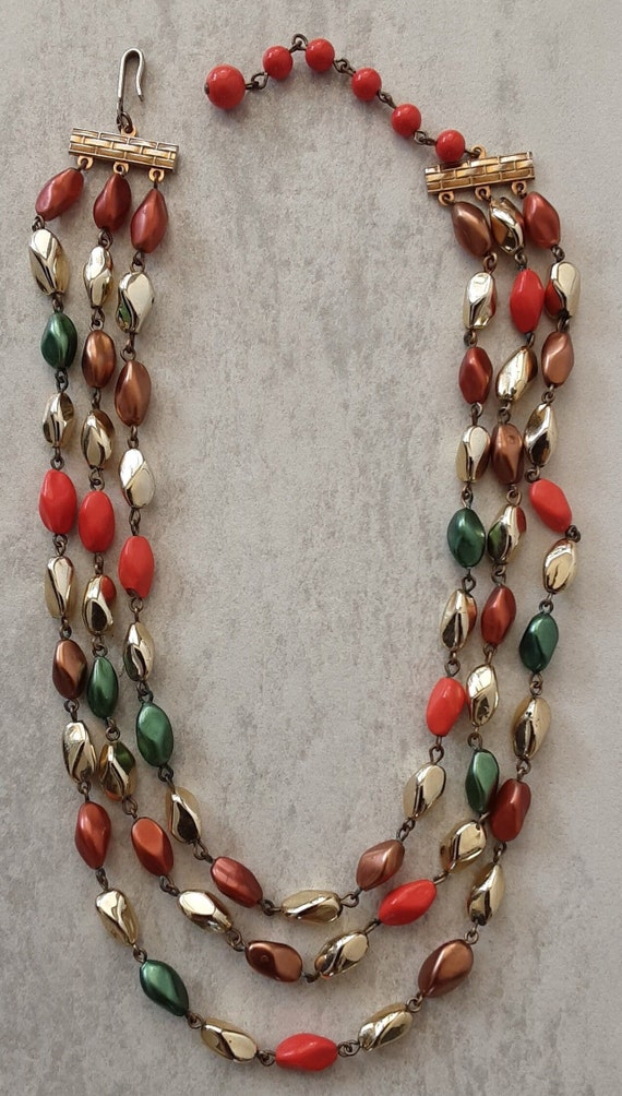 Vintage Triple Strand Multi-Color Metallic Bead A… - image 3