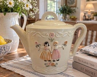 Vintage Priscilla Ware Ceramic Teapot Cream Pink Floral Figural Design Made in USA