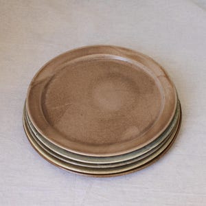 May include: A stack of five ceramic plates in varying shades of brown and beige. The plates have a slightly textured surface and a simple, round design. The plates are stacked on top of each other, showcasing their different colours and textures. These plates are suitable for serving food.