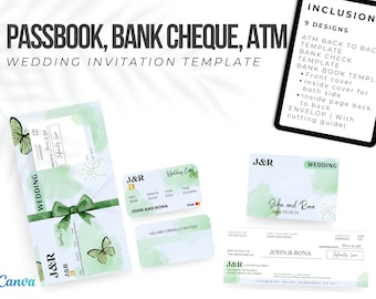 Passbook | Bank Cheque | ATM Wedding Invitation Template | Unique Wedding Invitation | Editable in Free Canva