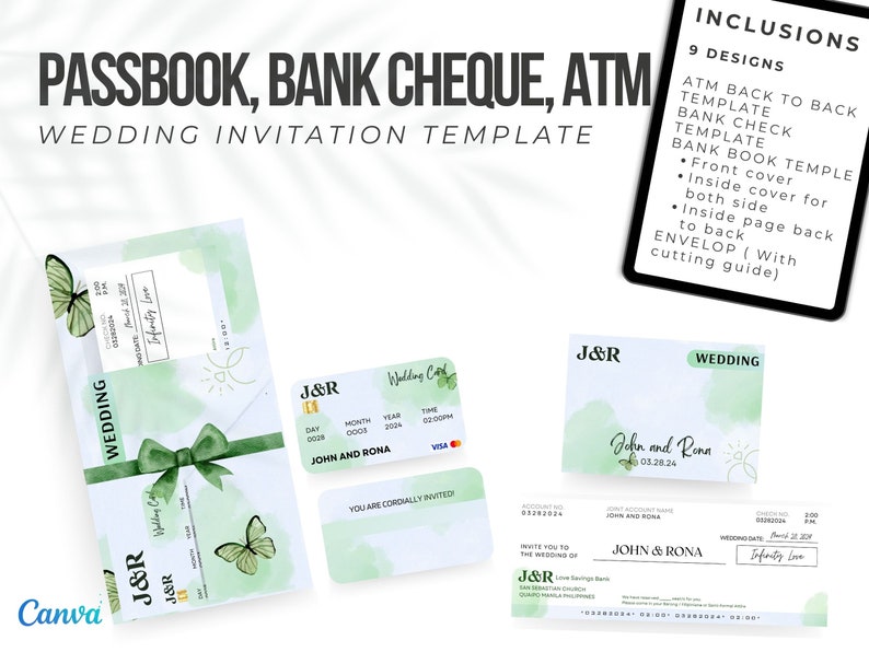 Sparbuch Bankscheck ATM Hochzeitseinladung Vorlage Einzigartige Hochzeitseinladung Bearbeitbar in Free Canva Bild 1
