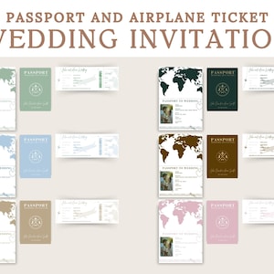 Minimalistische Reisepass- und Flugticket-Einladung | Hochzeitspasspost und Flugticketeinladung Bearbeitbare Canva-Vorlage
