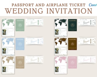 Minimalistische Reisepass- und Flugticket-Einladung | Hochzeitspasspost und Flugticketeinladung Bearbeitbare Canva-Vorlage