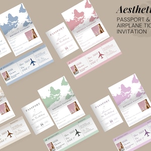 Esthetische paspoort- en vliegtuigticketuitnodiging | Verjaardag of bruiloft paspoort en vliegtuigticket uitnodiging bewerkbare Canva-sjabloon
