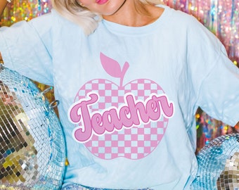 Camiseta a cuadros para profesores, moderna para profesores primerizos, con diseño de manzana a cuadros, ideal para la vuelta al cole, regalo para profesores.