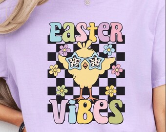 Camiseta de moda con vibraciones de Pascua, cuello redondo, colores cómodos y felices Pascuas, cómoda camiseta a cuadros con diseño religioso de pollito de Pascua para la familia en las fiestas.
