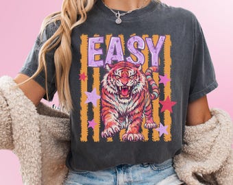 Camiseta Easy Tiger, camiseta retro colorida con estampado de tigre sarcástico, camiseta de estilo vintage con animales, camiseta preppy para mamá, regalo para amigos.