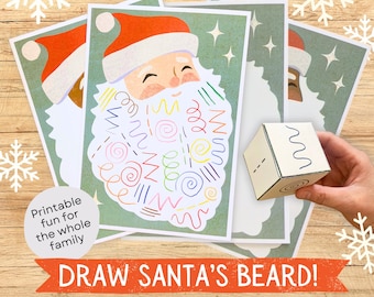 May include: Printable Christmas activity featuring Santa Claus illustrations with colorful beard designs. A cube with line patterns is held next to the drawings. Text reads "Draw Santa's Beard!" and "Printable fun for the whole family."