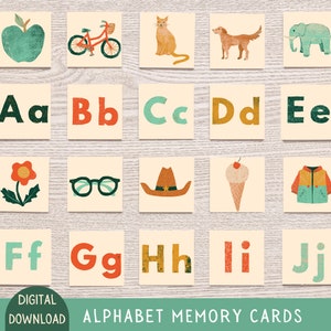 Juego de memoria con cartas del alfabeto para imprimir Juego para aprender el abecedario Actividad preescolar Actividad imprimible para niños Reconocimiento de letras Idea de regalo de último momento