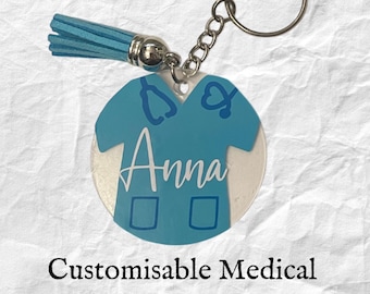 Medical Scrubs Customisable Colour Personalised Name Keychain | Nurse | Doctor | Surgeon | Anaesthesiologist