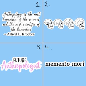 Può includere: Uno sfondo blu con quattro quadrati bianchi. Il quadrato in alto a sinistra contiene una citazione sull'antropologia di Alfred L. Kroeber. Il quadrato in alto a destra contiene una serie di quattro illustrazioni di teschi in bianco e nero. Il quadrato in basso a sinistra contiene un adesivo rosa con il testo "FUTURE Anthropologist". Il quadrato in basso a destra contiene un adesivo nero con il testo "memento mori".