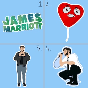 Könnte beinhalten: Eine Collage aus vier Bildern. Das obere linke Bild zeigt eine grüne und blaue Textgrafik mit der Aufschrift "JAMES MARRIOTT". Das obere rechte Bild zeigt einen roten herzförmigen Ballon mit einem darauf gezeichneten Gesicht. Das untere linke Bild zeigt eine Person, die eine schwarze Jacke und Jeans trägt und mit ihren Händen ein Herz formt. Das untere rechte Bild zeigt eine Person, die ein weißes Hemd und eine schwarze Hose trägt, ein Mikrofon hält und singt.