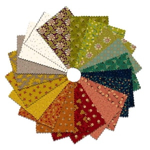 May include: A circular arrangement of fabric swatches in various colors and patterns. The swatches include floral, dotted, and geometric designs in shades of green, yellow, red, and blue. The edges of the fabric are cut with a decorative, scalloped edge.