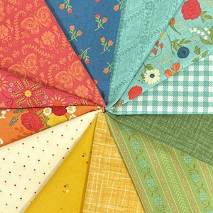 May include: A collection of fabric swatches arranged in a circular pattern. The fabrics feature various floral and geometric designs in a range of colors, including red, blue, green, yellow, and orange. Some fabrics have polka dots and gingham patterns.