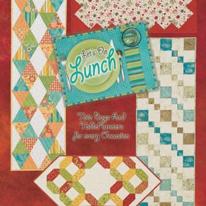May include: A collection of colorful quilted tote bags and table runners. The image features various designs, including geometric patterns, floral prints, and the text "Let's Do Lunch". The text "Tote Bags And Table Runners for every Occasion" is also visible.