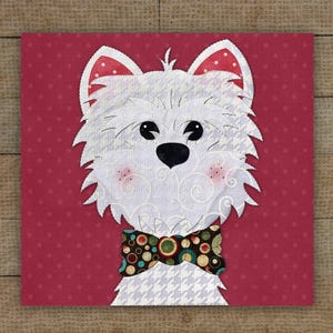 May include: A square, fabric art piece featuring a white dog with a black nose and eyes, and a patterned bow tie. The dog's ears have red polka dots. The background is a solid red with small white polka dots.