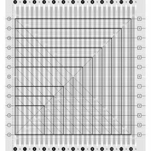 May include: A black and white quilting ruler with a grid pattern and diagonal lines. The ruler is marked with numbers from 0 to 12.