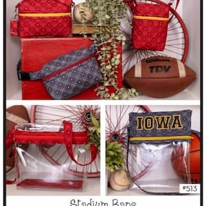 May include: A collection of stadium bags in various styles and sizes. The bags include a red quilted crossbody bag, a gray fanny pack, and clear vinyl bags. The image also features a football, baseball, and basketball. The text "Stadium Bags" is displayed.