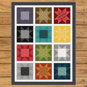 May include: A colorful patchwork quilt with a star pattern. The quilt features a grid of twelve squares, each containing a star design in various colors, including purple, brown, red, black, teal, yellow, red, green, gray, orange, and navy. The quilt is framed with a gray border.