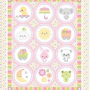May include: A baby-themed fabric panel featuring twelve circular illustrations of cute animals and objects. The illustrations include a duck on a train, an umbrella, an elephant, a bird on a cloud, a smiling sun, a cart of hearts, a cart of flowers, a pink bunny, a panda, a crescent moon, flowers, and a frog.