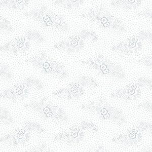 May include: White fabric with a repeating pattern of small gray dots and stylized gray floral designs. The floral elements are clustered in groups, creating a delicate and airy aesthetic. The overall design is soft and subtle.