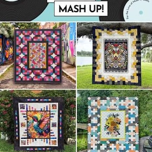 May include: A promotional image for a quilting book titled "Panel Mash Up!" featuring four colorful quilt designs. The quilts showcase various patterns and floral and geometric designs. The book is by Gudrun Erla & Doug Leko.