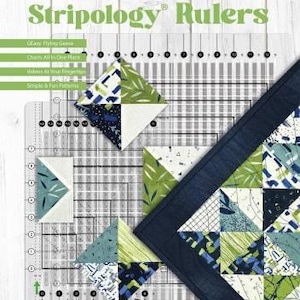 May include: A clear quilting ruler with the text "Master Your Stripology Rulers" and "Ge Designs". The ruler is used for quilting and has various markings and measurements. The image also shows examples of fabric pieces in green, blue, and white.
