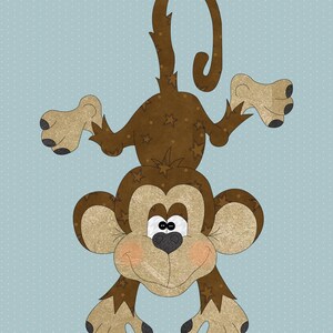 May include: A whimsical illustration of a brown monkey hanging upside down. The monkey has a tan face, hands, and feet with black accents. The monkey's body is brown with star patterns. The background is a light blue with white polka dots.