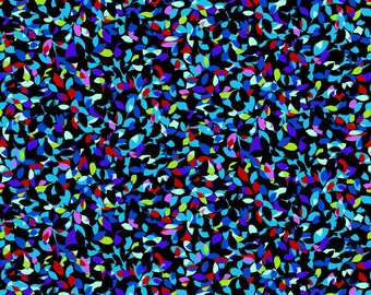 May include: A seamless pattern of colorful leaves on a black background. The leaves are in shades of blue, green, red, and purple.
