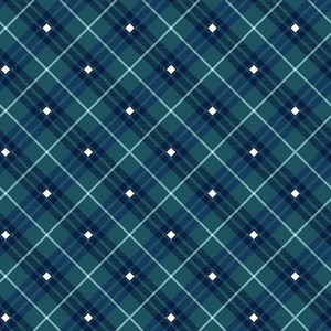 May include: A seamless pattern featuring a plaid design in shades of teal and navy blue, with thin white lines creating a grid. Small white diamond shapes are evenly spaced throughout the pattern, adding a subtle accent.