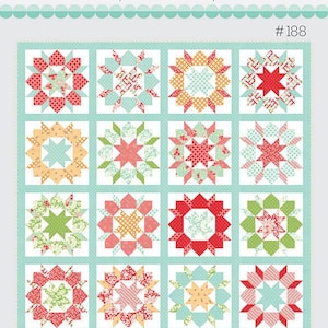 May include: A quilt pattern titled "Thimble Blossoms" by Camille Roskelley. The design features sixteen 16-inch blocks with floral and geometric patterns in red, green, orange, and blue on a light blue background. The text "Swoon Sixteen" is also present.